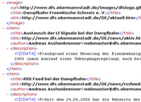 Auschnitt aus einer RSS-XML-Datei. Klicken öffnet die XML-Datei in einem neuen Browserfenster.